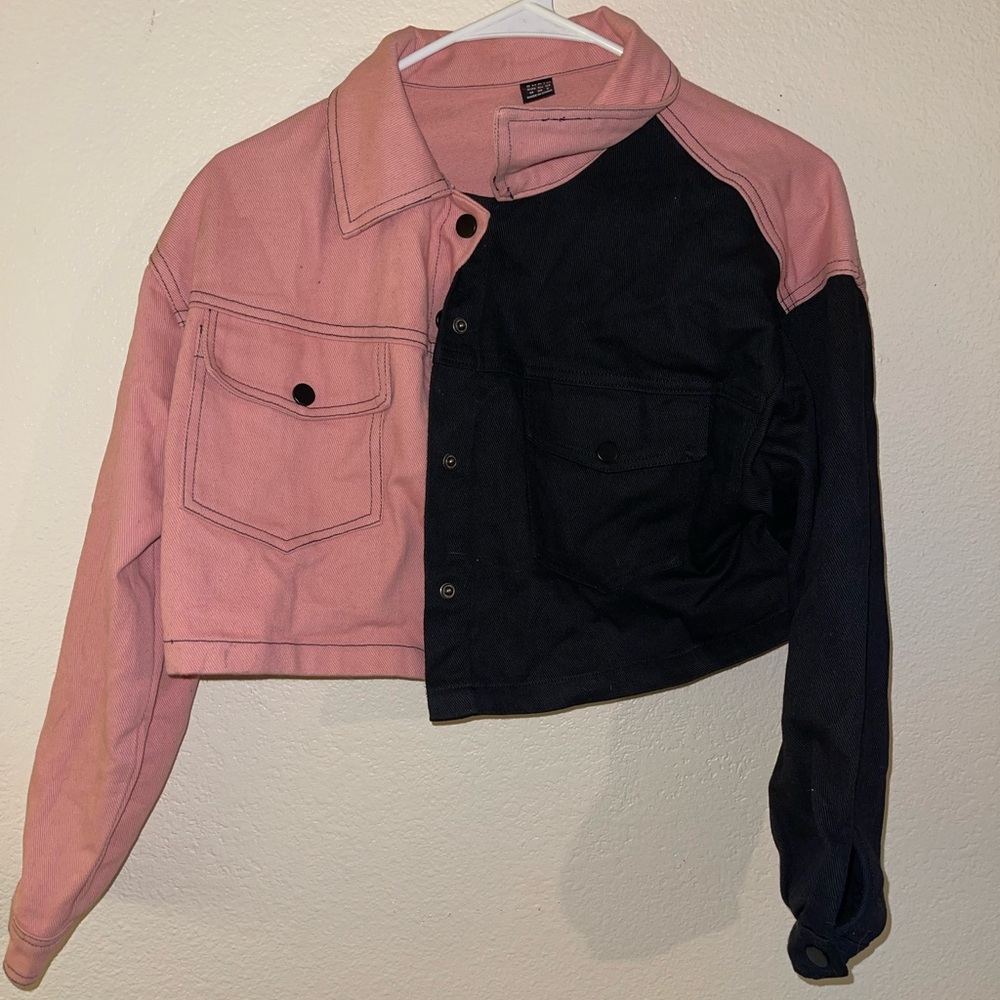 Medium cropped pink and black color block denim jacket